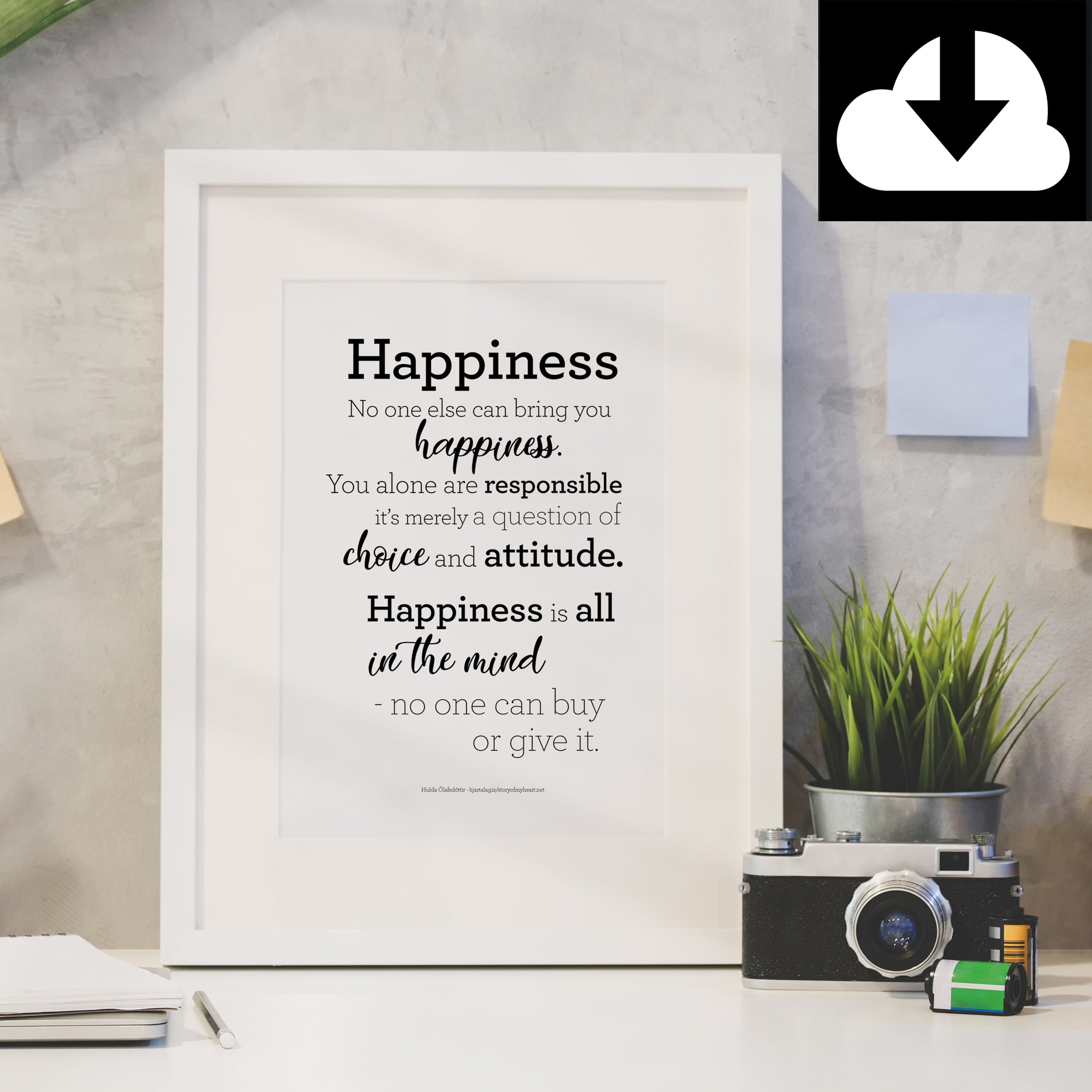 Happiness - Text Print - Digital Download - Icelandic Scandinavian Nordic - Black & White - Minimal Typographic Wall Art