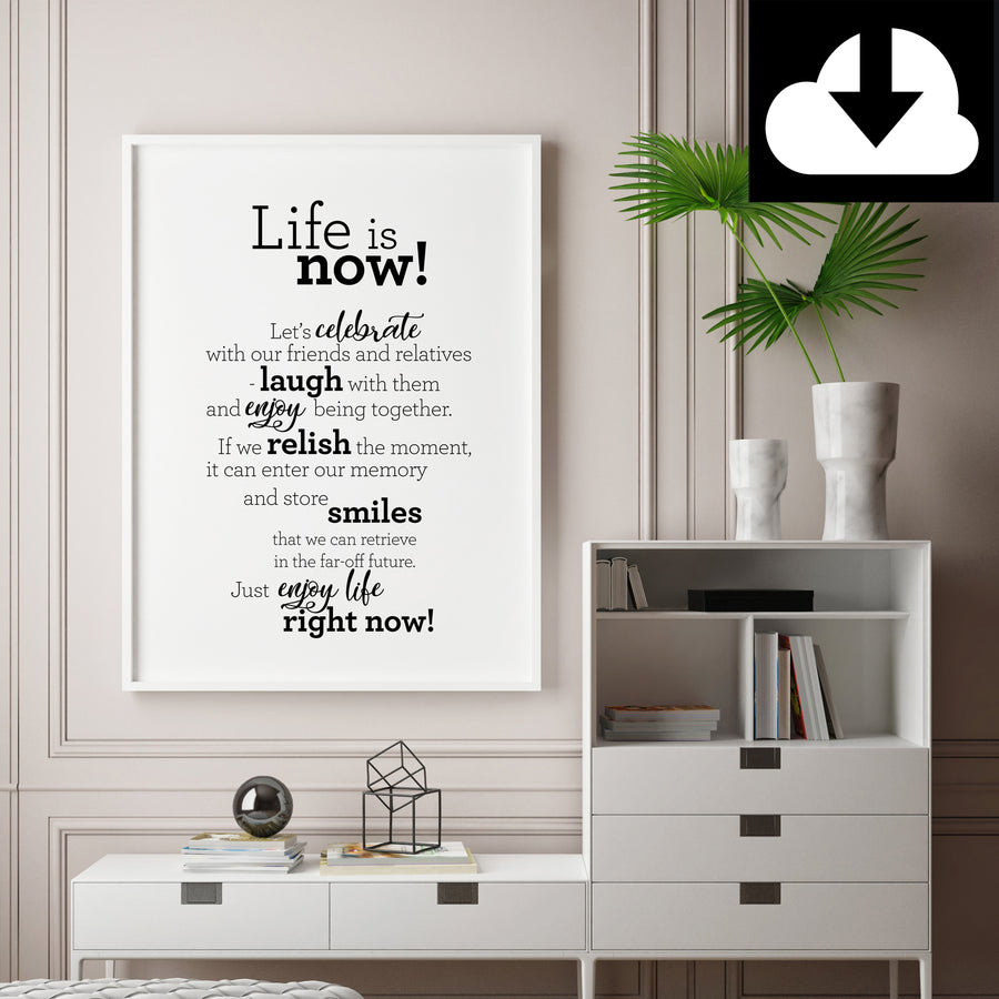 Life is now - Text Print - Digital Download - Icelandic Scandinavian Nordic - Black & White - Minimal Typographic Wall Art
